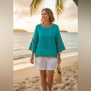 For Cynthia Womens Linen Pullover Top Medium Teal Rainbow Fringe 3/4 Sleeve
